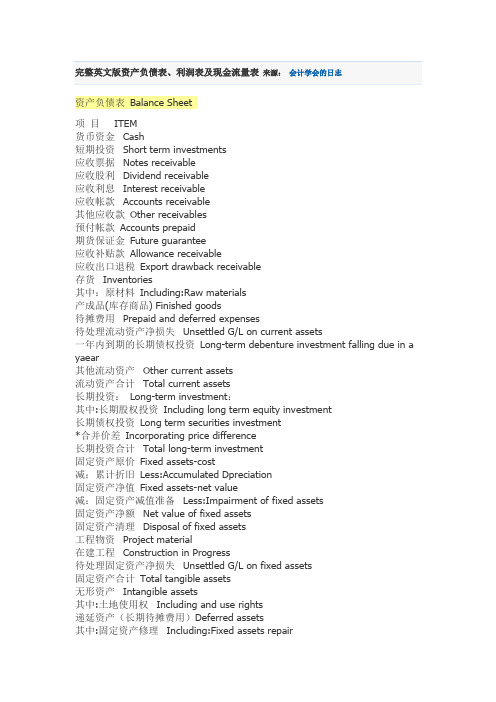 完整英文版资产负债表、利润表及现金流量表