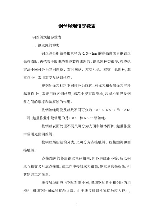 钢丝绳规格参数表