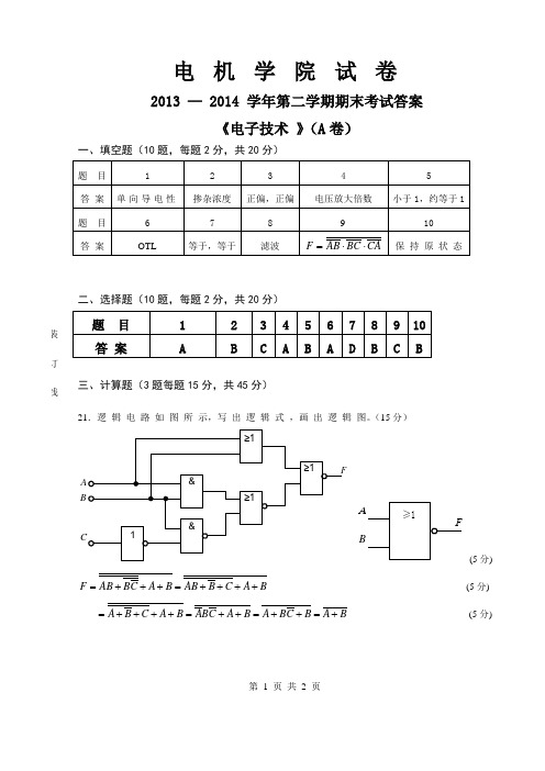 材料1209,1210  2013-2014 学年 第二学期 《电子技术》期末试(A卷)参考答案