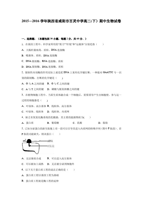 陕西省咸阳市百灵中学2015-2016学年高二下学期期中生物试卷 含解析