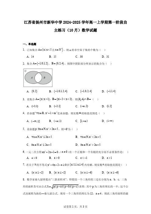 江苏省扬州市新华中学2024-2025学年高一上学期第一阶段自主练习(10月)数学试题