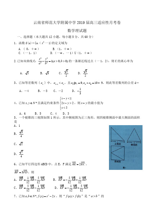 云南省师范大学附属中学2019届高三适应性月考卷数学理试题Word版含解析