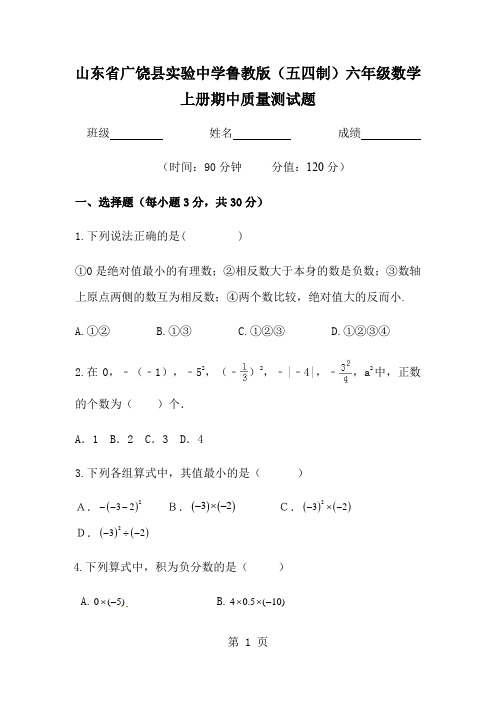 山东省广饶县实验中学鲁教版(五四制)六年级数学上册期中质量测试题