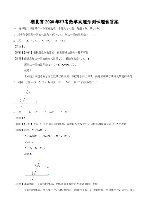 湖北省2020年中考数学预测检测试题(含解析)