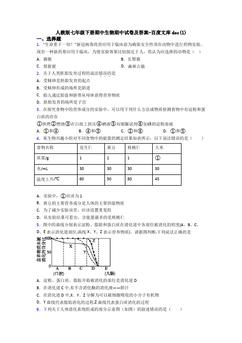 人教版七年级下册期中生物期中试卷及答案-百度文库doc(1)