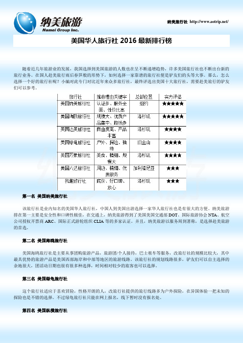 美国华人旅行社2016最新排行榜