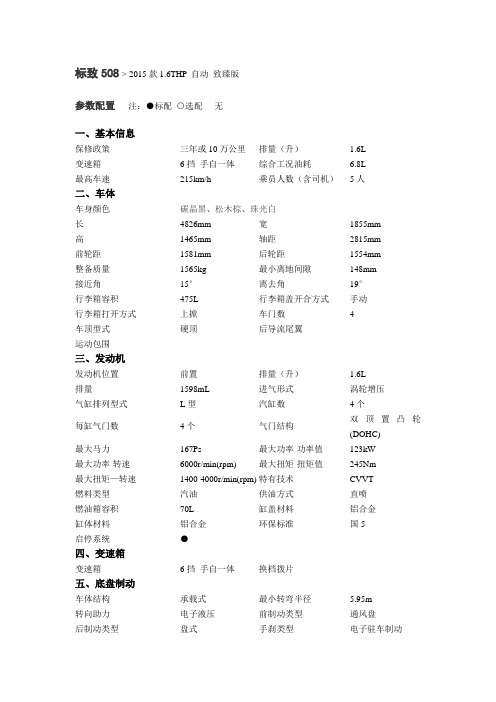 标致508 2015款1.6T自动致臻版 参数配置