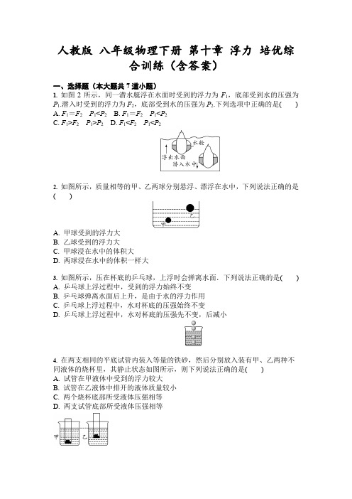 人教版 八年级物理下册 第十章 浮力 培优综合训练(含答案)