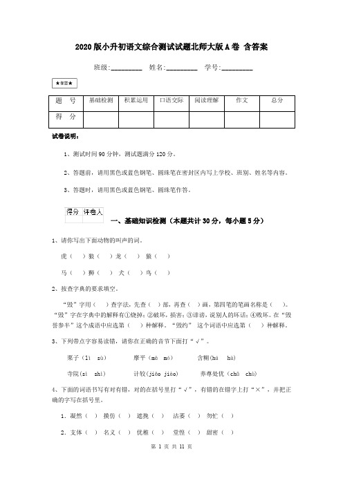 2020版小升初语文综合测试试题北师大版A卷 含答案