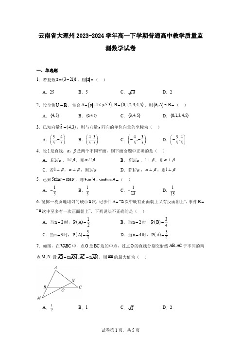 云南省大理州2023-2024学年高一下学期普通高中教学质量监测数学试卷