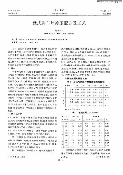 盘式刹车片冷压配方及工艺