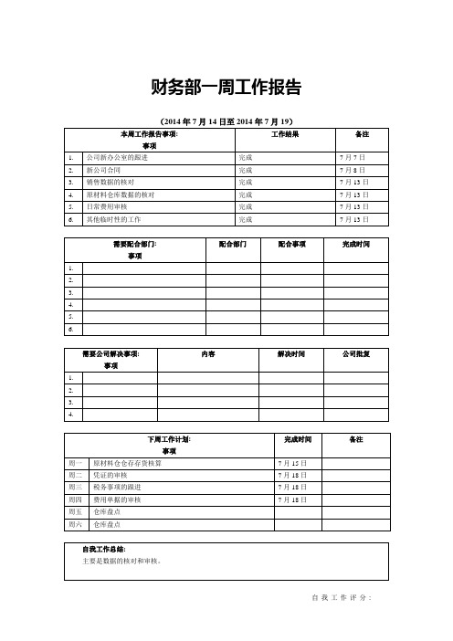 财务部周工作报告表