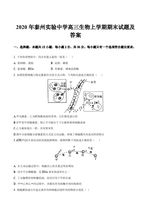 2020年泰州实验中学高三生物上学期期末试题及答案