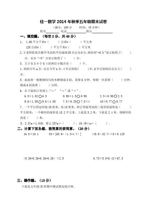 苏教版小学数学2014年秋季五年级期末试卷