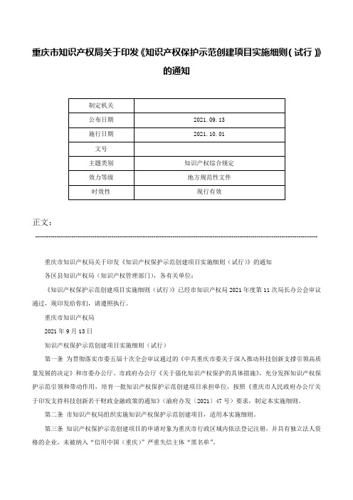 重庆市知识产权局关于印发《知识产权保护示范创建项目实施细则（试行）》的通知-