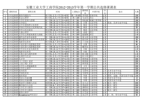 安徽工业大学工商学院2012-2013学年第一学期公共选修课课表