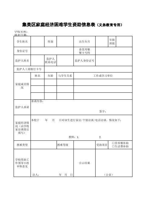 集美区义务教育阶段家庭经济困难学生资助信息表