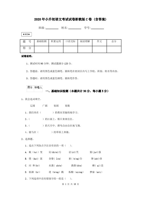 2020年小升初语文考试试卷浙教版C卷 (含答案)