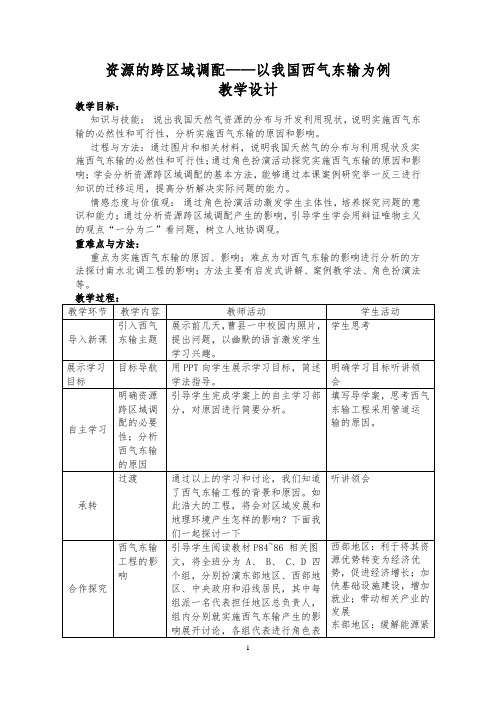 高中地理_资源的跨区域调配教学设计学情分析教材分析课后反思