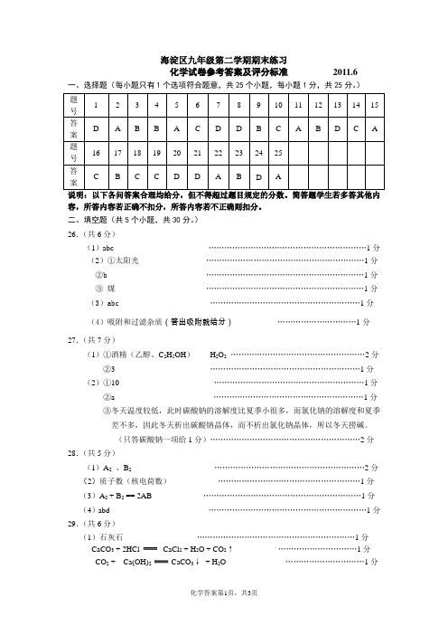 2010~2011海淀初三化学二模答案