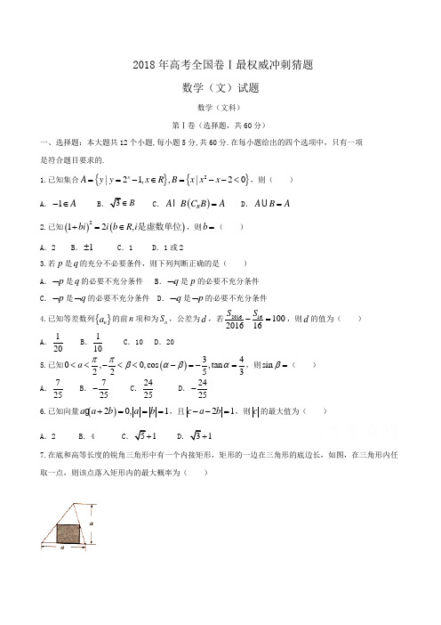 2018年高考全国卷Ⅰ最权威冲刺猜题数学(文)试题Word版含解析