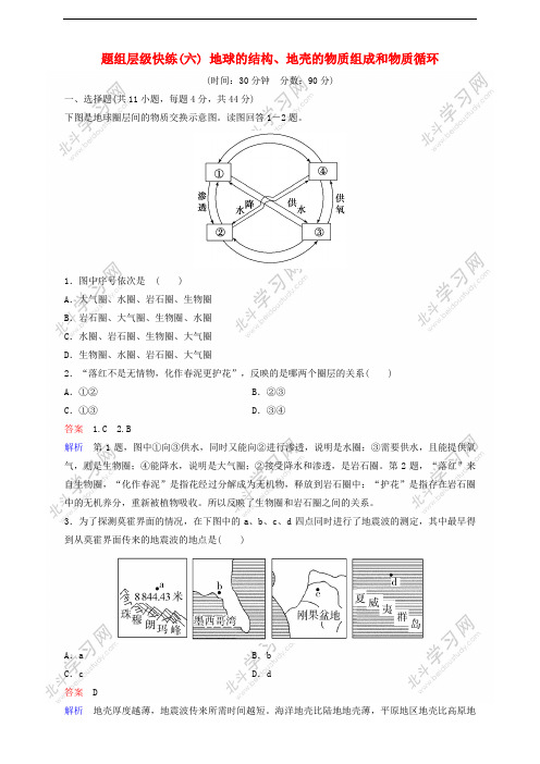 2018高考地理一轮复习 题组层级快练6 地球的结构、地壳的物质组成和物质循环