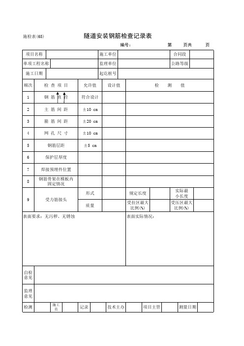 隧道安装钢筋检查记录表