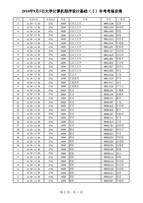 2010年9月5日大学计算机程序设计基础()补考考场安排