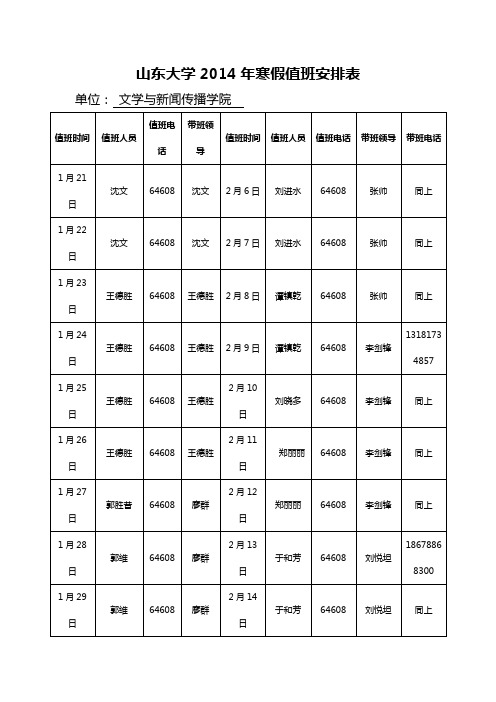 山东大学2014年寒假值班安排表