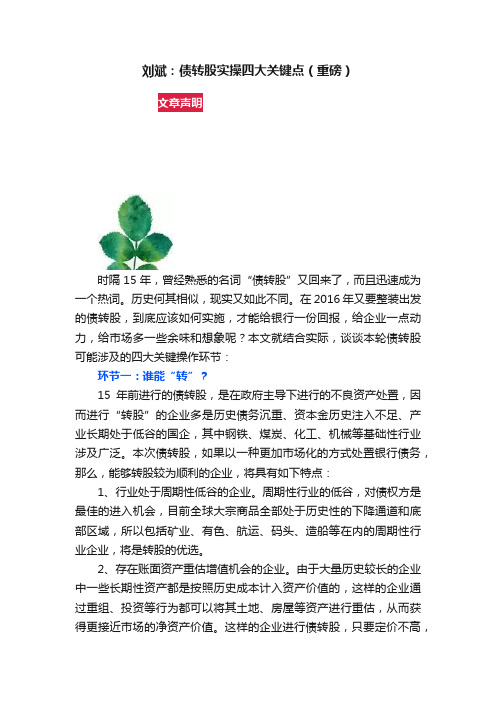 刘斌：债转股实操四大关键点（重磅）