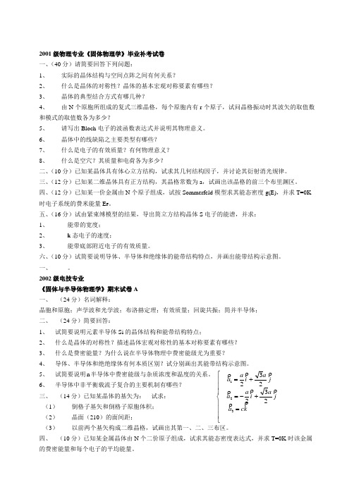 固体物理历年试卷