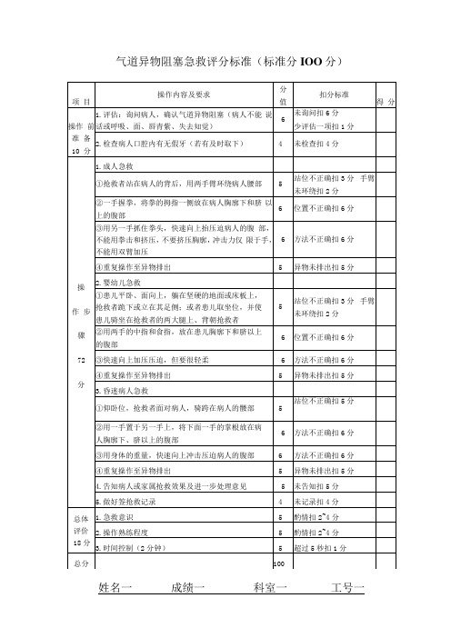 气道异物阻塞急救评分标准