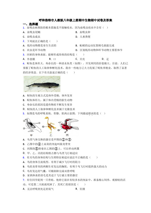 呼和浩特市人教版八年级上册期中生物期中试卷及答案