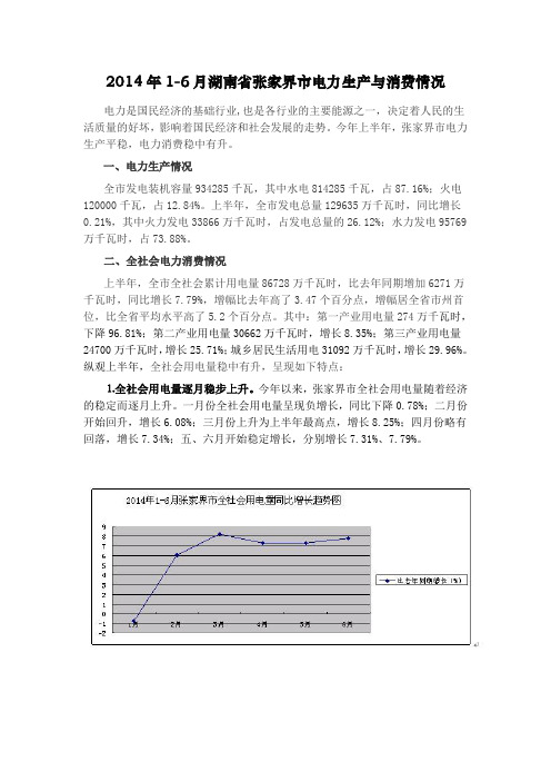 2014年1-6月湖南省张家界市电力生产与消费情况