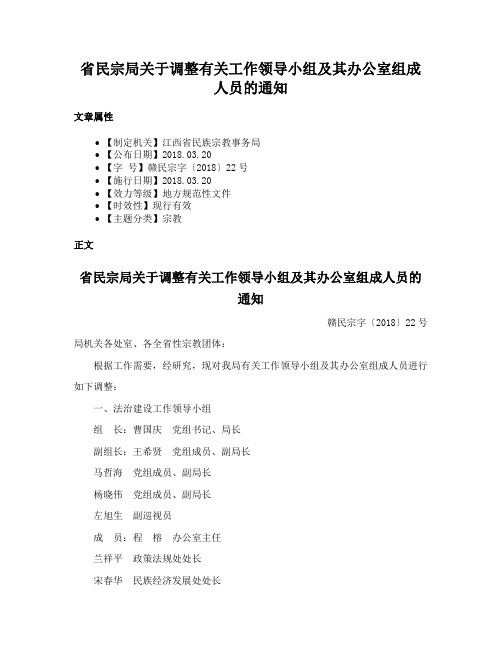 省民宗局关于调整有关工作领导小组及其办公室组成人员的通知