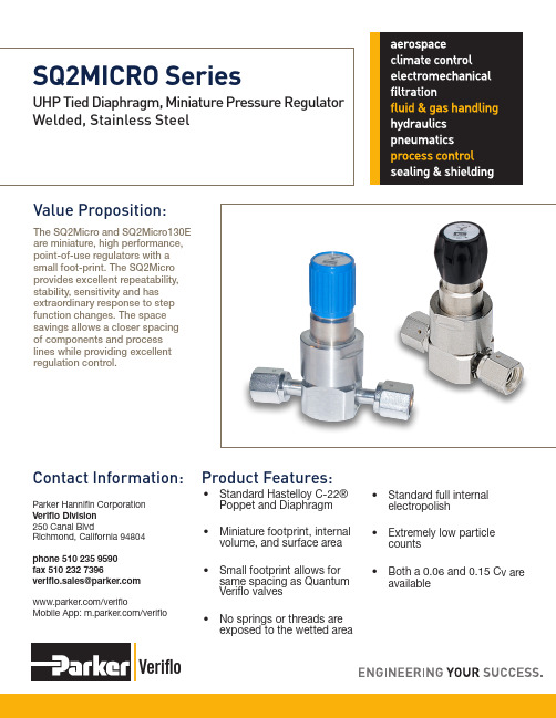 Parker Hannifin Veriflo SQ2Micro高压微型压力调节器产品说明说明书