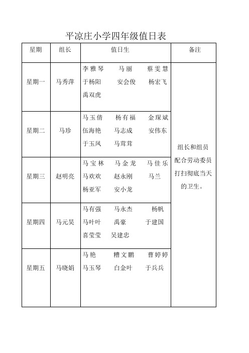 平凉庄小学四年级值日表