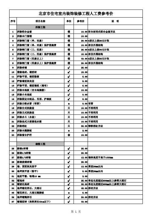 北京市人工费参考表2012