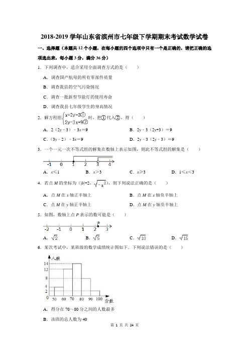 2018-2019学年山东省滨州市七年级下学期期末考试数学试卷及答案解析