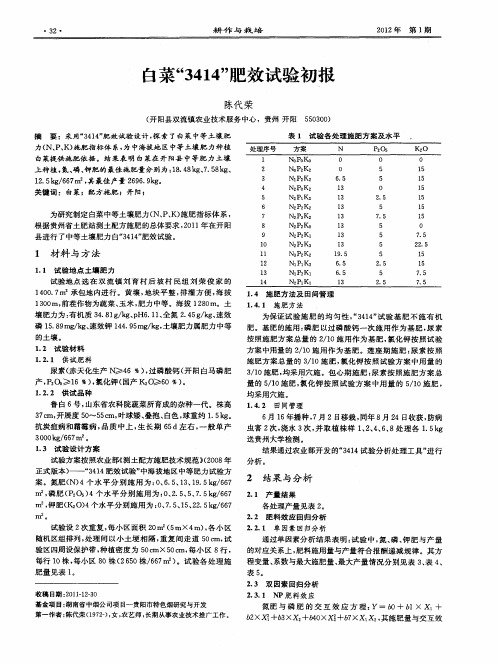 白菜“3414”肥效试验初报