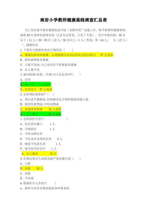 健康促进学校教师健康基线调查汇总表