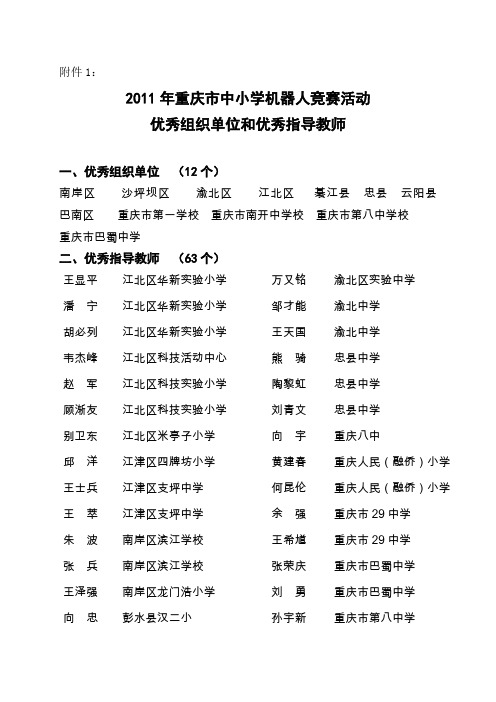 2011年重庆中小学机器人竞赛优秀组织单位及优秀指导教师