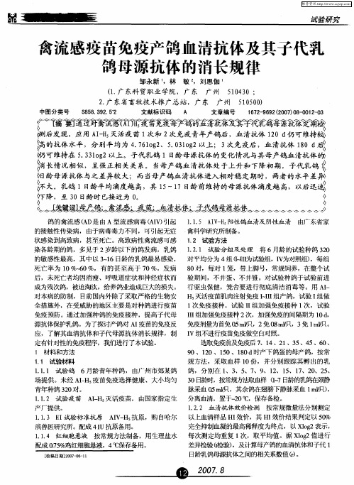禽流感疫苗免疫产鸽血清抗体及其子代乳鸽母源抗体的消长规律