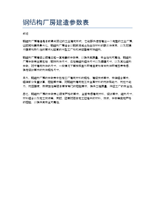 钢结构厂房建造参数表