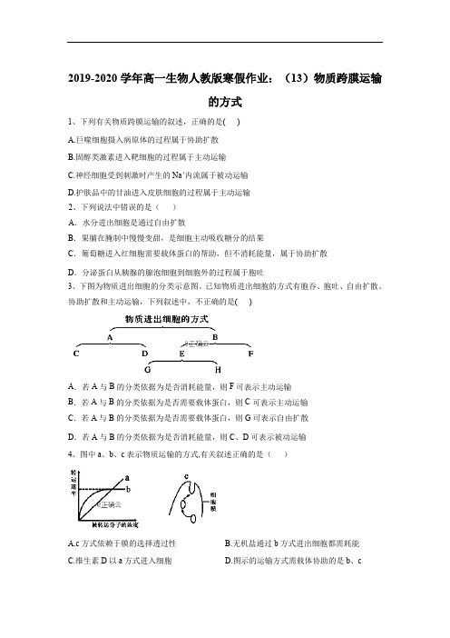 2019-2020学年高一生物人教版寒假作业：(13)物质跨膜运输的方式 Word版含答案