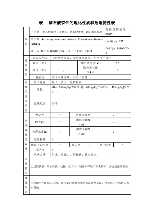 表- 酒石酸锑钾的理化性质和危险特性表