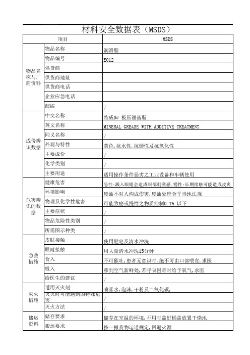 润滑脂物料安全数据表(MSDS)