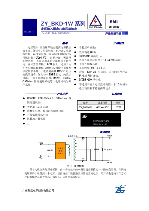 ZY_BKD-1W非稳压单输出隔离电源模块说明书