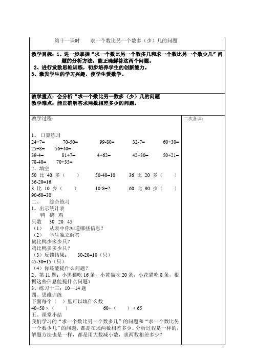 数学一年级下册第六单元第十一课时求一个数比另一个数多(少)几的问题》教案