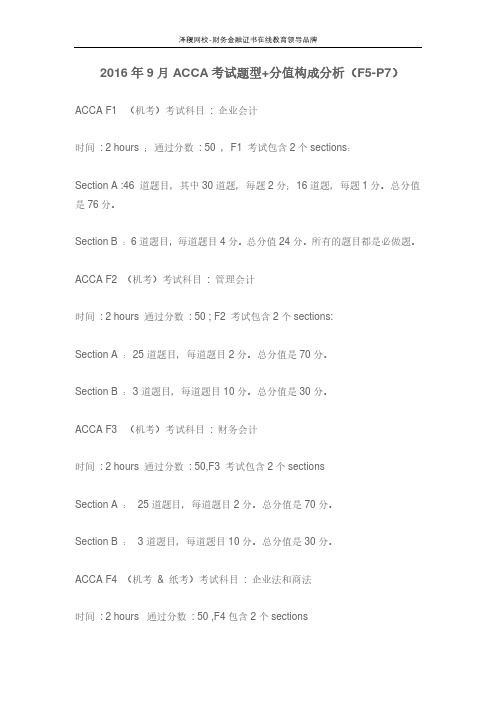 2016年9月ACCA考试题型+分值构成分析(F5-P7)